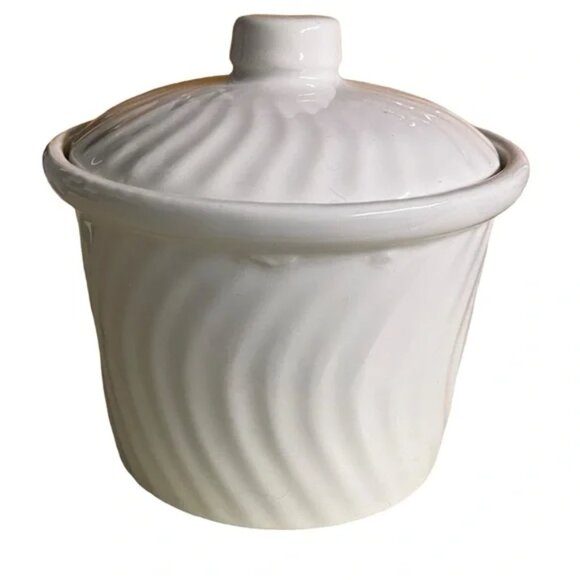 FARMHOUSE KITCHEN White Casserole Butter Crock with Swirl Design and Cover 4"x5" - Picture 11 of 12